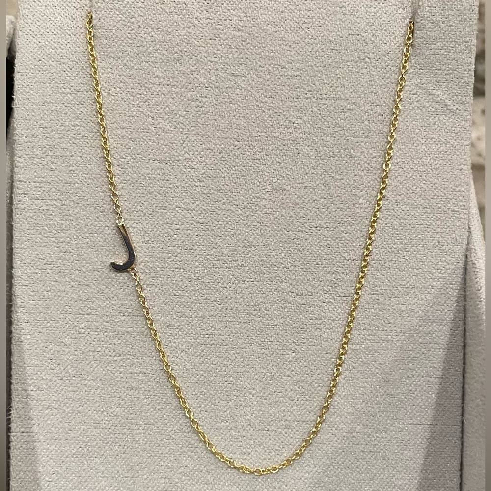 Brand new 14K yellow gold asymmetrical “J” initial necklace by Babygold, 20”